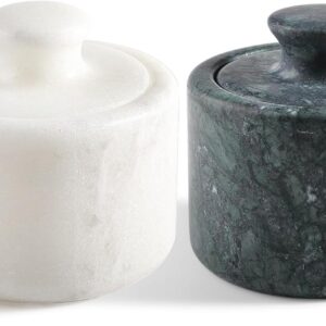 Koville Marble Salt Cellar White and Green Salt Holder with Lid for Kitchen Table Décor, Elegant Modern Handcrafted Seasoning Container for Countertop, Salt and Pepper Holder & Coffee Beans Storage