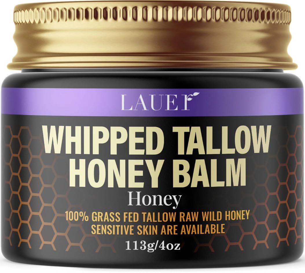 LAUER COSMETIC Whipped Tallow Honey Balm for Soft Smooth Skin & Face 100% Grass-Fed Beef Tallow Body Butter with Raw Honey for All Skin Type Moisturizer for Eczema Rashes Dry Skin & Sunburn 4 oz