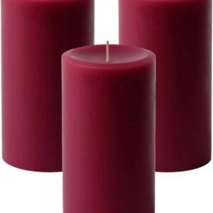Mister Candle Dripless Unscented Pillar Candles, Set of 3 Hand Poured Burgundy Pillar Candles, Solid Color Non-Scented Candles for Home Decor, Premium Wax, 80 Hr Burn Time, 3x6 Inch