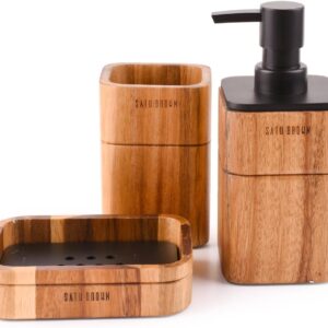 Bathroom Accessory Set Acacia Wood 3 Pieces Includes Bathroom Soap Dispenser, Bathroom Tumbler, Soap Dish Accessories for Bathroom Decor and House Warming Gift
