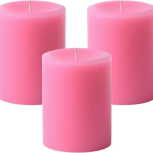 Mister Candle Dripless Unscented Pillar Candles, Set of 3 Hand Poured Solid Color Non-Scented Candles for Home Decor, Premium Wax, 60 Hr Burn Time - 3x4 Inch, Pink