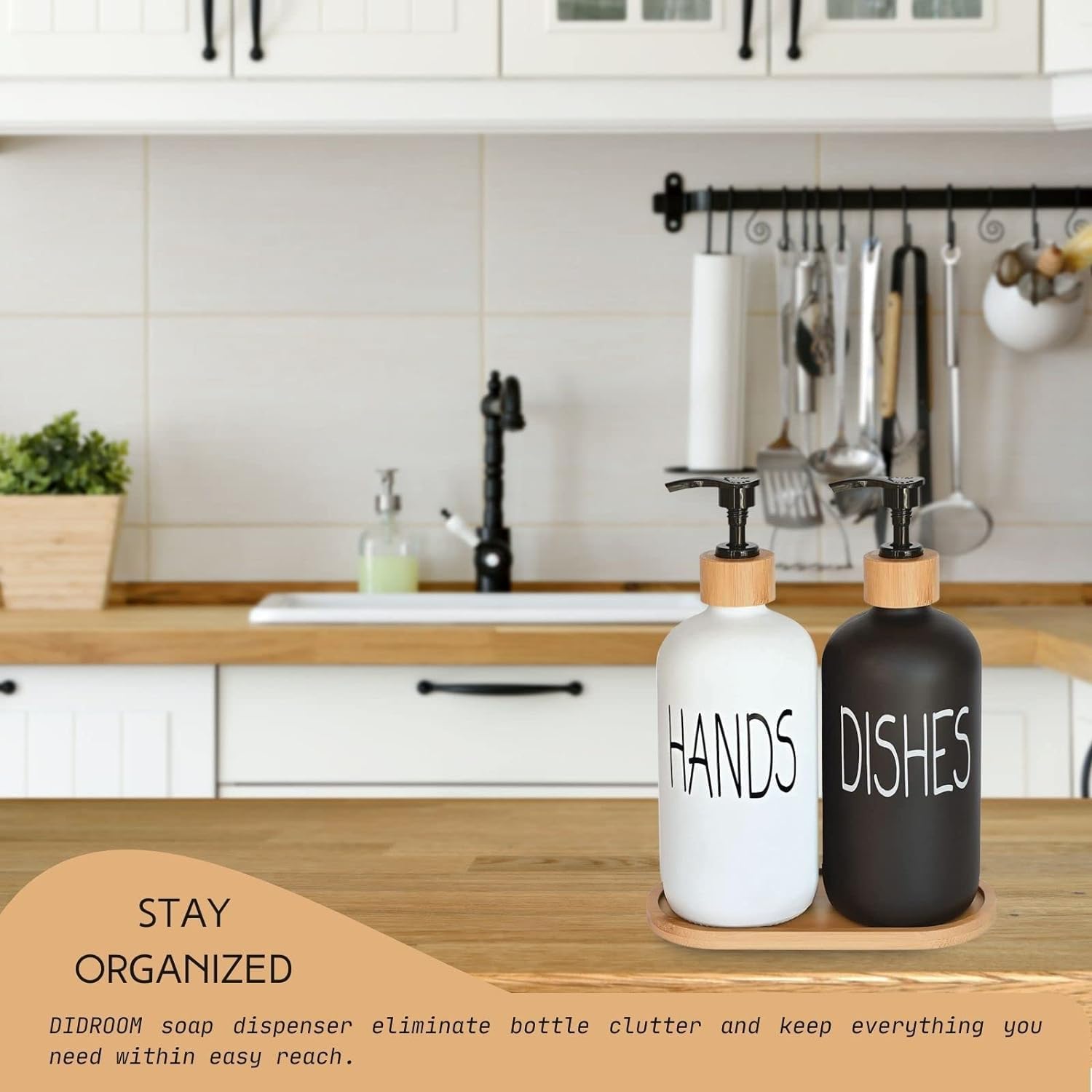 Glass Soap Dispenser Set with Bamboo Tray for Kitchen and Bathroom, 16 oz Capacity - Image 3