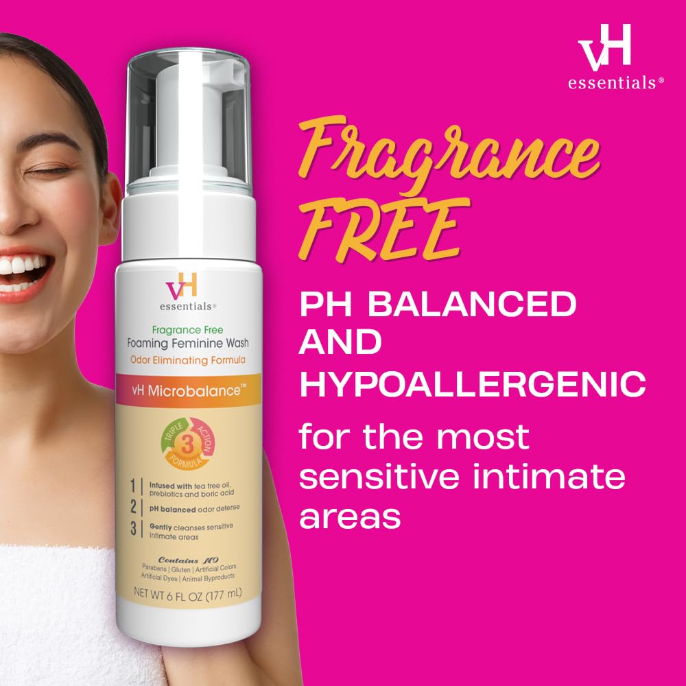 vH essentials Foaming Feminine Wash - Fragrance Free - Ph Balanced, Hypoallergenic, Prebiotics, Natural Botanical Extracts and Vitamins - Odor Eliminating Formula - 6 Fl Oz - Image 6
