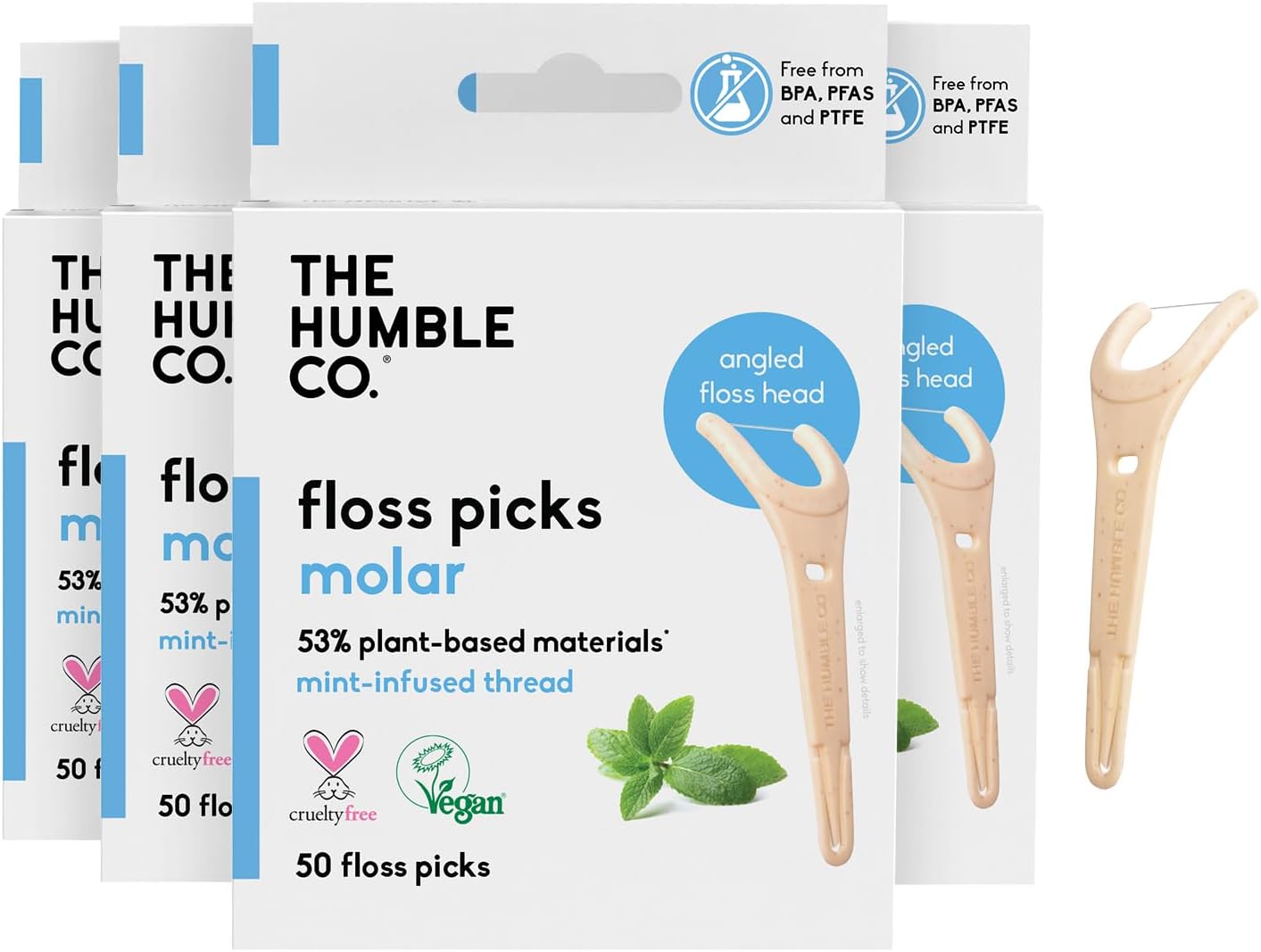 The Humble Co. Floss Picks (200 Count) – Plant Based Dental Floss Picks with Grip Handle for Superior Oral Care, Dental Hygiene, and Gum Health, Cruelty Free Tooth Floss Picks (Mint)