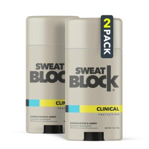 SweatBlock Clinical Strength Deodorant and Antiperspirant for Men and Women Sandalwood & Amber Scent 2 Pack 48 Hour Protection Against Sweat & Odor Ideal for Active Lifestyles and Daily Use