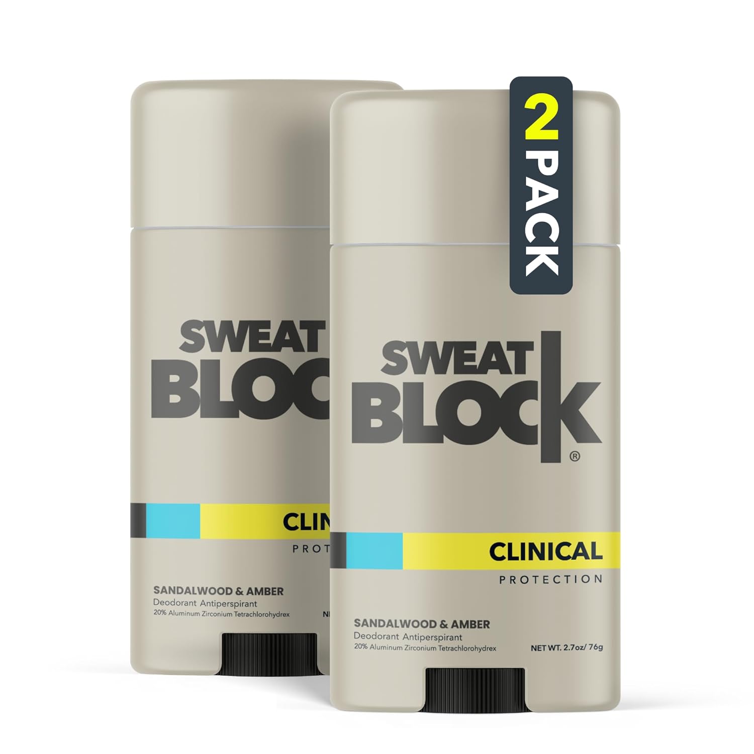 SweatBlock Clinical Strength Deodorant and Antiperspirant for Men and Women Sandalwood & Amber Scent 2 Pack 48 Hour Protection Against Sweat & Odor Ideal for Active Lifestyles and Daily Use