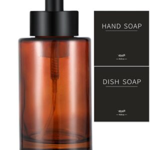 Foaming Soap Dispenser Set, 12 Oz Glass Hand Soap Dispenser with 304 Rust Proof Stainless Steel Pump, Waterproof Labels, for Bathroom Decor Kitchen College Dorm, Brown Black Pump