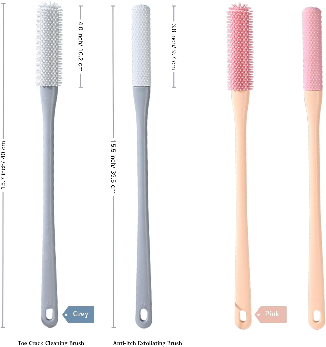Toe Cleaning Brush with 15.7" Long Handle,Foot Scrubber in Shower,No Bending, Ideal for Seniors, Expecting Mothers, Men & Women | Foot Scrubber & Anti-Itch Exfoliating Brush (2 Pack) (Grey) - Image 3