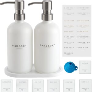 Glass Soap Dispenser - Dish Soap Dispenser for Kitchen and Hand Soap Dispenser Set, Bathroom Soap Dispenser with 304 Rust Proof Pump, Soap Dispenser for Kitchen with Tray, White Bottle/Silver Pump