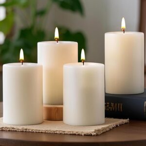 Uscented Pillar Candles, Ivory Pillar Candle Set of 4, 3 x 4 Inch Dripless and Smokeless Large Pillar Candles for Dinner Table, Christmas and Home Decor 55 Hours Long Burning Time