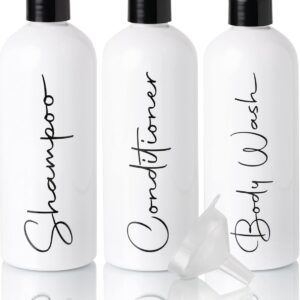 Alora 32oz Reusable Shampoo and Conditioner Bottles - Set of 3 - Easy to Read Labels - Pump Bottle Dispenser for Shampoo, Conditioner, Body Wash - Empty Plastic Refillable Containers for Shower