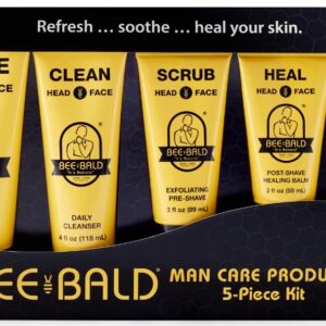 Bee Bald Premium Gift Set for Bald Men, Gift to Combine with Head Shavers for Bald Men Gift - Includes Bald Head After Shave, Moisturizer, Shaving Cream, Exfoliator, and Cleanser (5 Piece Kit)