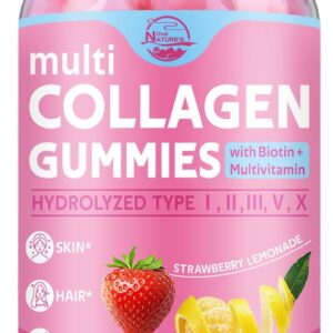 Multi Collagen Peptides Gummies, Type I, II, III, V, X - Hydrolyzed Collagen Peptides with Biotin, Hyaluronic Acid, Supports Healthy Skin, Strong Nails & Thick Hair, 60 Count, 1 Pack