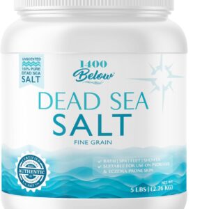 1400 Below 5 Lbs Jar Dead Sea Salt, Fine Grain - Foot and Spa Bath Soak, Exfoliating Body Scrub, 100% Pure and Mineral-Rich, Highest Mineral Content โ Natural Muscle Tension Relief