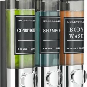 Shower Soap Dispenser Wall Mounted No Drill Shampoo Dispenser for Shower Wall Shampoo and Conditioner Dispenser Bathroom Hotel 3 * 300ml Chrome with Labels