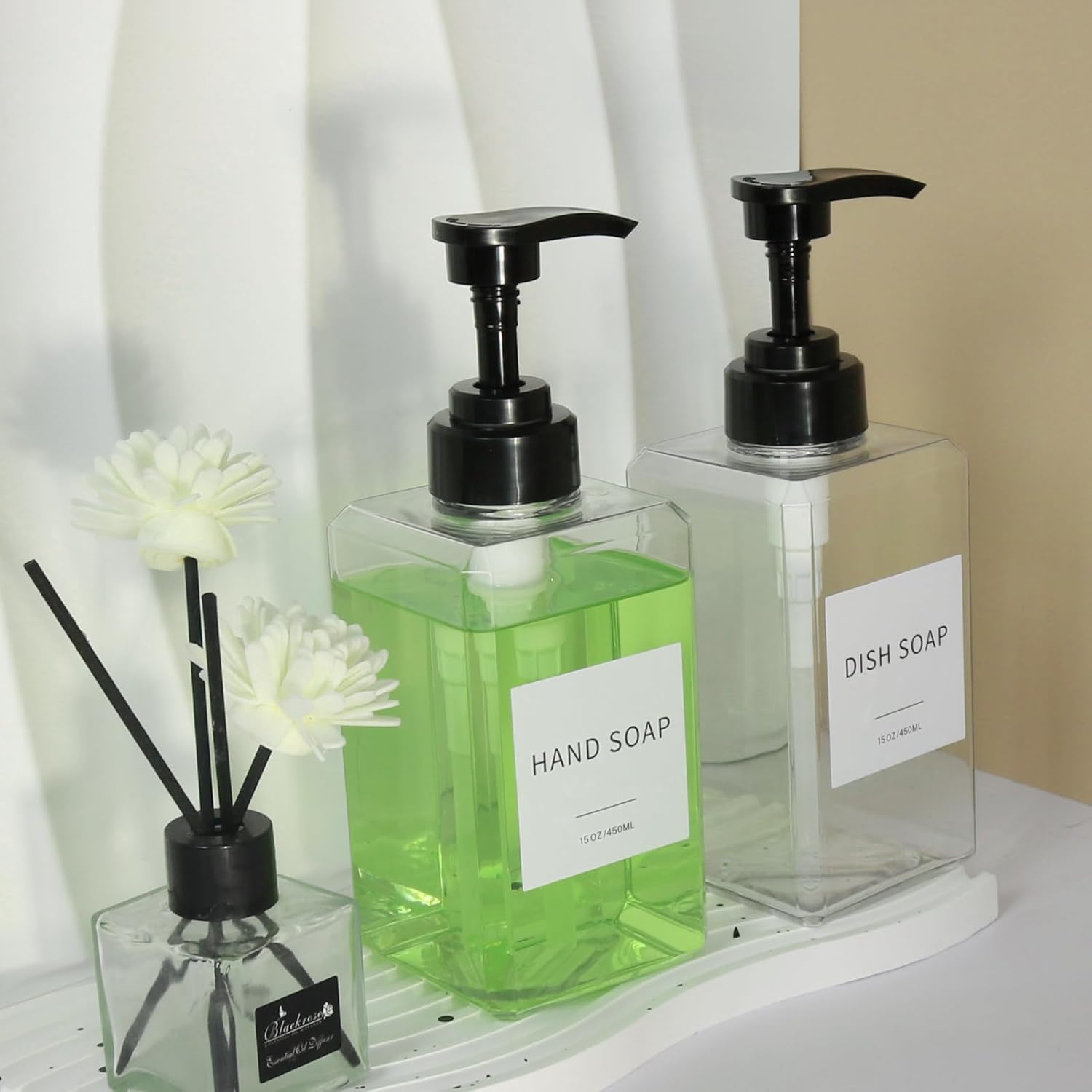 Clear 15oz Thick Plastic Soap Dispenser Set with Waterproof Labels 2 Pack - Image 4