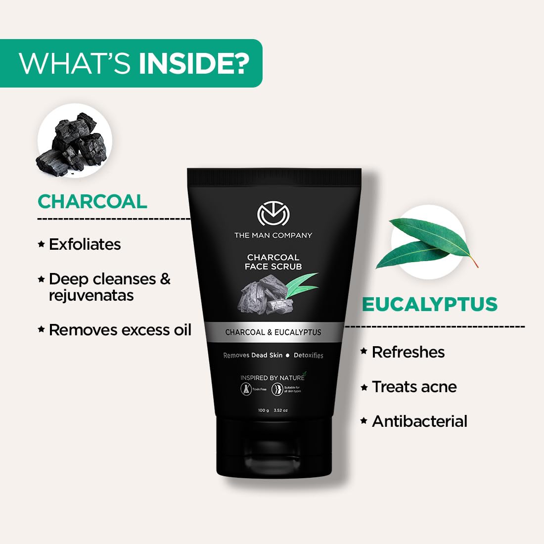 The Man Company Natural Charcoal Face Scrub with Lemongrass and Eucalyptus - 3.5 Oz. | Skin Exfoliating & Detox, Anti Acne, Blackhead removing Face Scrub - Image 2