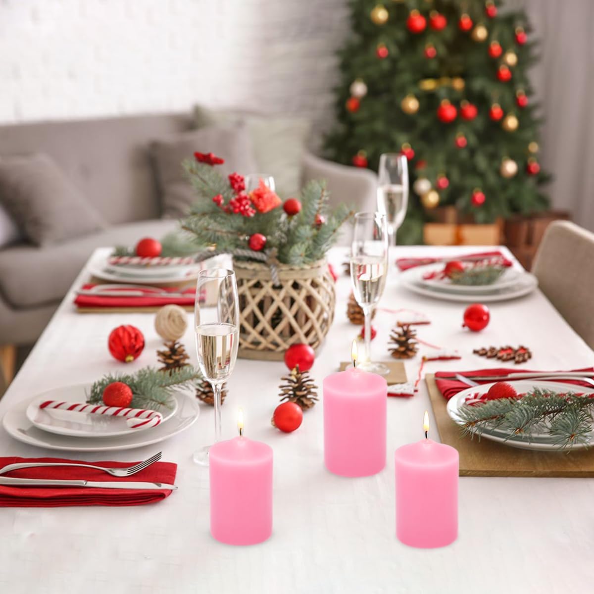 Small Unscented Pink Pillar Candles, 24 Hour 2x3 Inch Dripless Tapered Column Candles for Valentine's Day Home Party Holiday Dinner Table, Set of 8 - Image 2