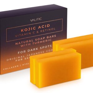 VALITIC Kojic Acid Vitamin C and Retinol Soap Bars with Turmeric for Dark Spot - Original Japanese Complex Infused with Collagen, Hyaluronic Acid, and Vitamin E (4 Pack)