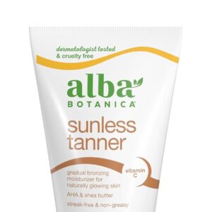 Alba Botanica Sunless Tanner, Gradual Bronzing Moisturizer, with Vitamin C and Shea Butter, 4 Oz (Packaging May Vary)