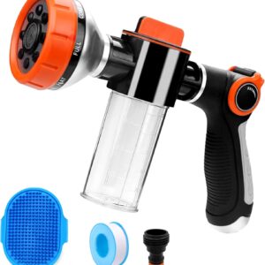 Dog Wash Hose Attachment, High Pressure Garden Water Hose Nozzle 8 Way Foam Sprayer with Soap Dispenser Bottle for Watering Plants, Car Washing, Pet Showering Bathing Tool