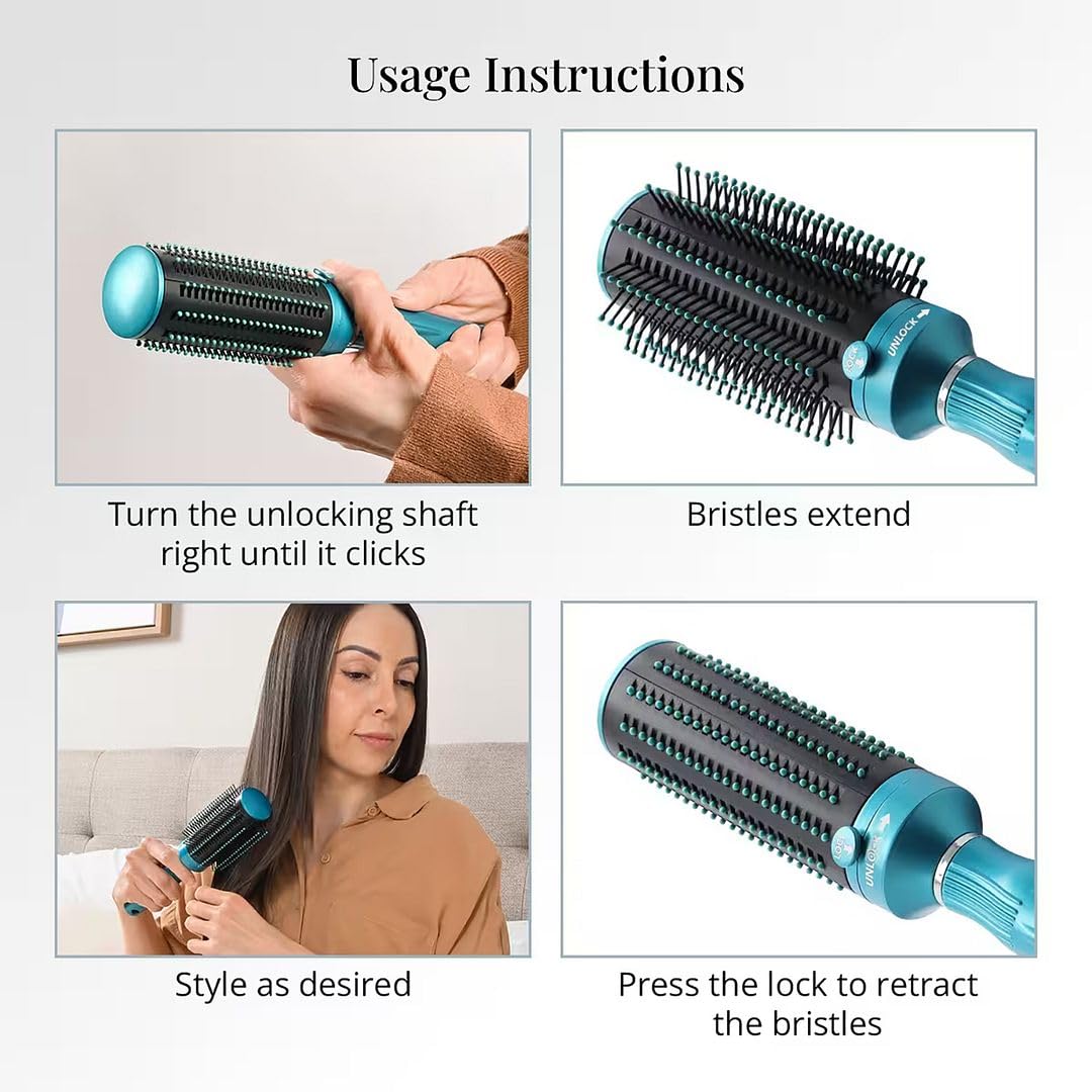 Blue 2-in-1 Curly Hair Blow Dryer Brush with Self-Cleaning Detangler and Retractable Roller for Wet Dry Use - Image 4