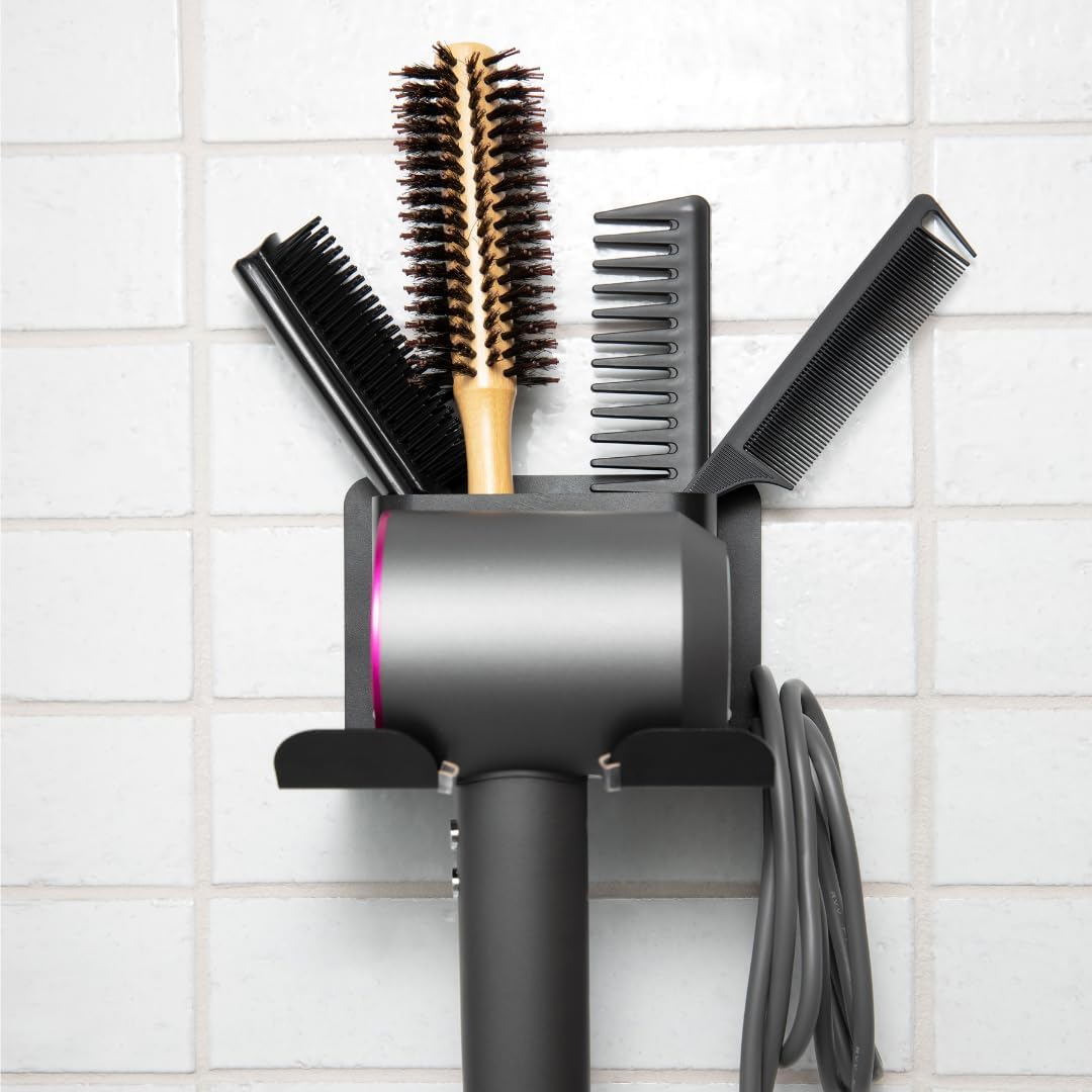 Premium Hair Dryer Holder Wall Mount – Blow Dryer Holder, Sturdy Alloy Steel Hair Tool Organizer, Water Resistant, Dual Easy Installation with 3M Glue Pad or Screw, Ideal for Bathroom - Black - Image 9