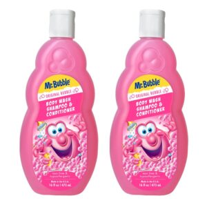 Mr. Bubble Kids Original 3in1 Shampoo, Conditioner, Body Wash – Hypoallergenic, Tear Free Bubble Gum Scented, Creates Big Bubbles In The Tub And Shower (Pack Of 2 Bottles, 16 fl oz Each)