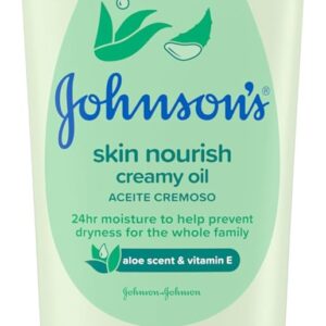 Johnson's Skin Nourish Creamy Oil, Aloe Scent & Vitamin E, Creamy Oil Helps Prevent Dryness & Moisturizes Baby's Delicate Skin for 24 Hours, Hypoallergenic & Non-Greasy, 8 fl. oz