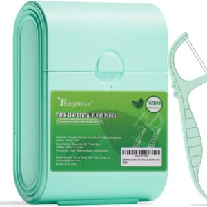 EasyHonor Dental Floss Picks,Twin-Line Mint Flavor Dental Flossers, Dual Action Flossing System, Easy Carry and Pick, 52 Count Floss Sticks in Portable case.(Green, Mint)