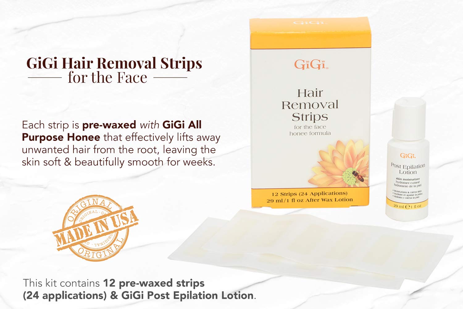GiGi Wax Strips for Hair Removal – 12 Facial Wax Strips for Women with Post Epilation Lotion, At Home Waxing Kit - Image 5
