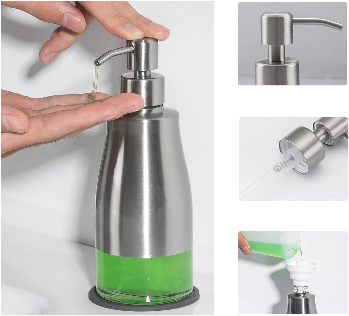 2 Pack Brushed Nickel Refillable Soap Dispenser Set with Coaster and Stickers for Kitchen Bathroom - Image 5