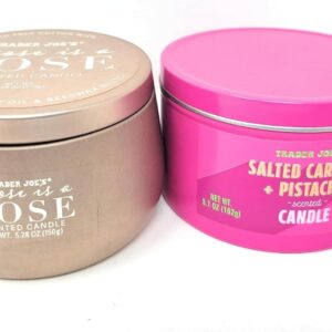 Trader J's Rose is a Rose and Salted Caramel and Pistachio Scented Candle Duo, Natural Soy Wax, Beeswax Blend, Lead-Free Cotton Wick, Pink Set