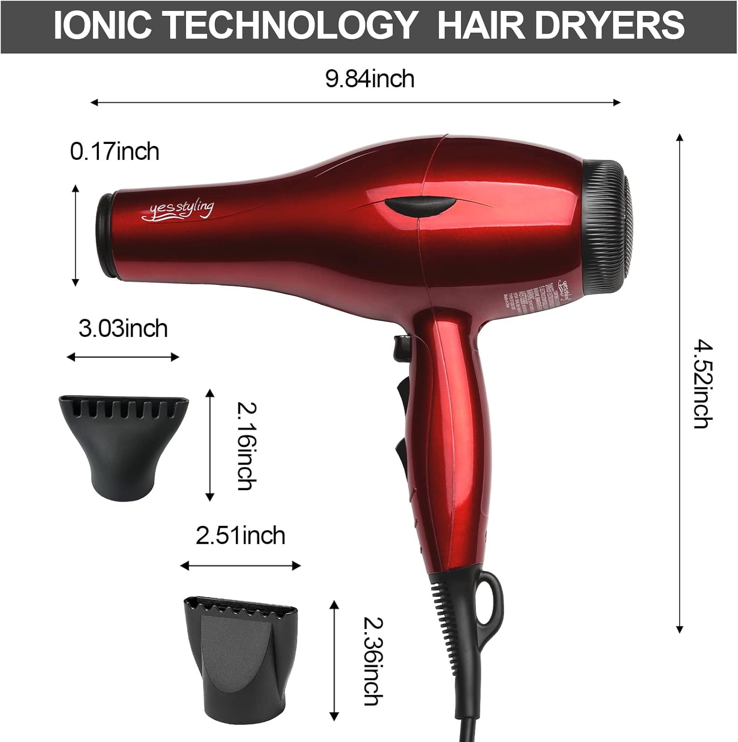 1875W Professional Salon Hair Dryer Cola Red with 2 Nozzles and 3 Heat Settings - Image 2