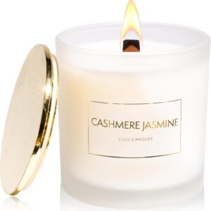 Lulu Candles | Cashmere Jasmine | Smells Floral & Earthy | Scent Notes: Jasmine, Patchouli & Amber | Luxury Scented Soy Jar Candle | Hand Poured in The USA | Highly Scented (9 Oz. with Gold Lid)