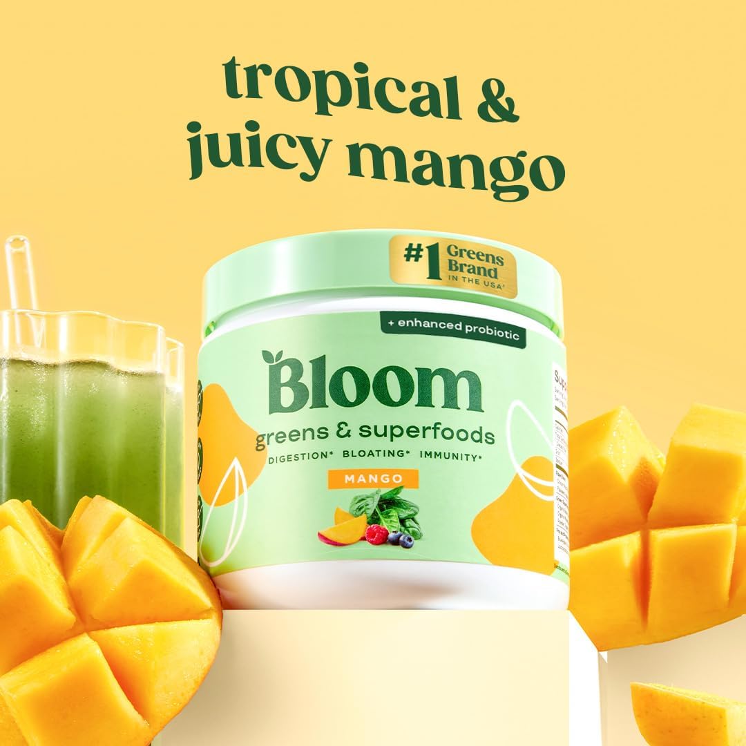 Bloom Nutrition Superfood Greens Powder, Digestive Enzymes with Probiotics and Prebiotics, Gut Health, Bloating Relief for Women, Chlorella, Green Juice Mix with Beet Root Powder, 30 SVG, Mango - Image 2