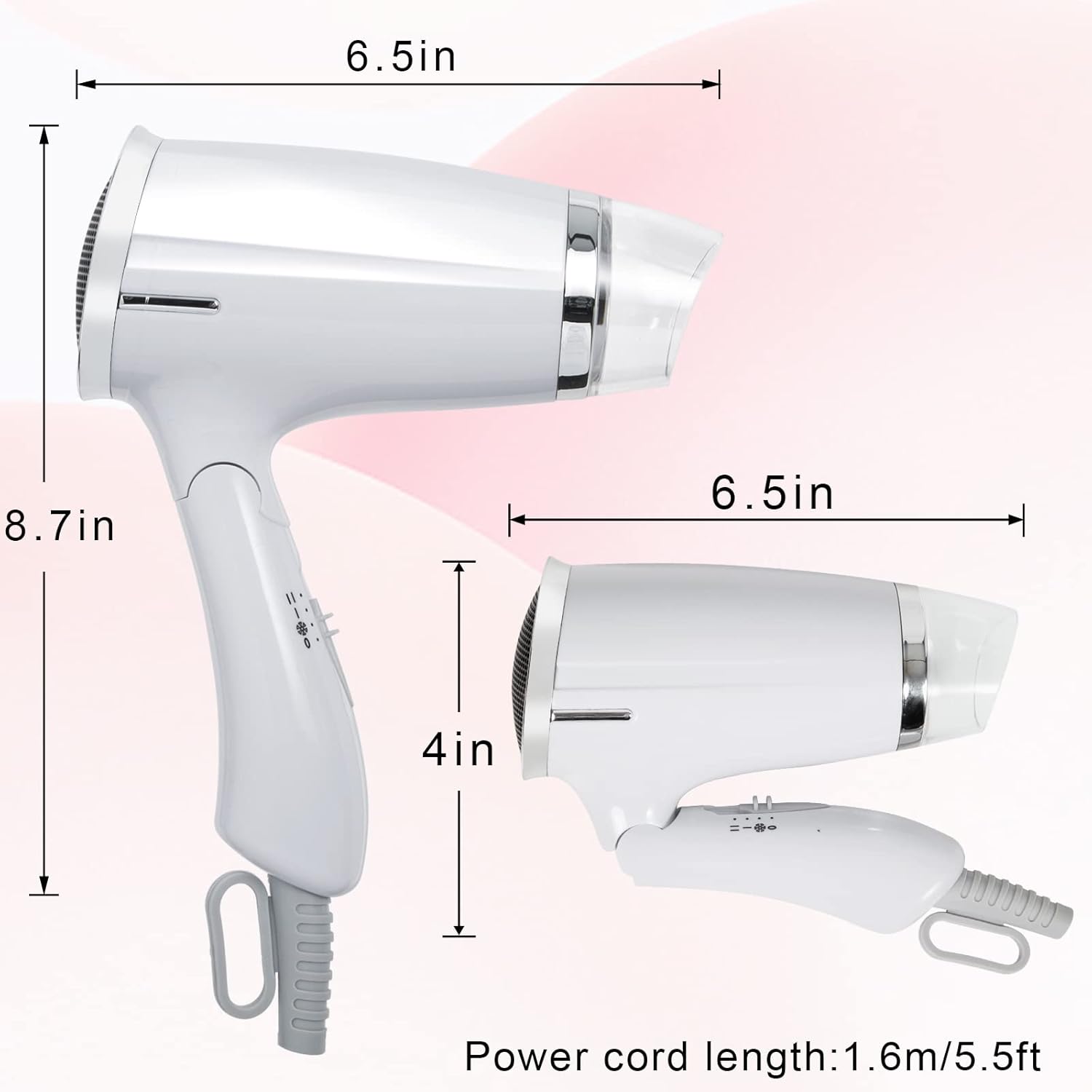 White Compact Folding Travel Hair Dryer 8x7 Inch Lightweight Mini Design Low Noise Heat Settings - Image 2
