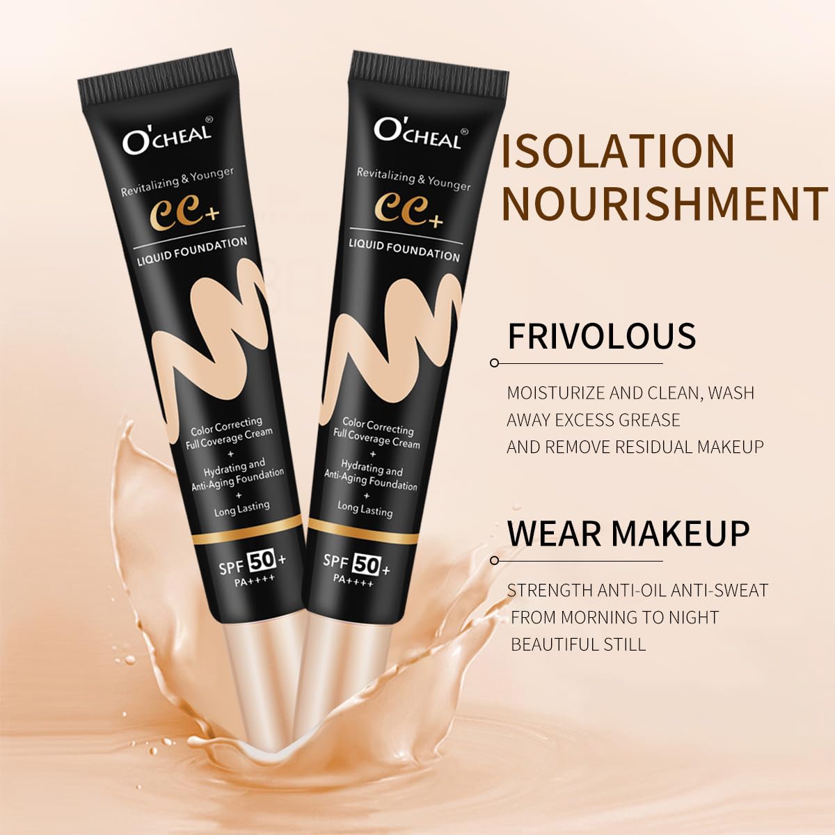 O'CHEAL CC Cream with SPF 50+, Hydrating Color Correcting Cream Full Coverage Lightweight Powder Foundation, Waterproof Long Lasting Pre-makeup Primer Facial Concealer Refine Skin Texture (Ivory) - Image 4