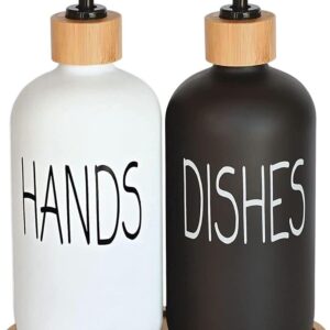 Glass Soap Dispenser Set, Hand Soap and Dish Soap Dispenser with Bamboo Tray. Vintage Soap Dispenser with Pump for Kitchen Sink and Bathroom. Stylish Permanent Labels (Matte Black&White)