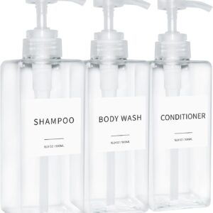 Shampoo and Conditioner Dispenser, Refillable Plastic Shampoo Pump Bottles with Waterproof Labels, Empty Body Wash Dispenser Set for Bathroom, Shower Soap Bottles (Clear, Set of 3, 16.9oz)