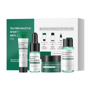 Tea Tree Salicylic Acid Facial Skin Care Set, Travel Size Gift Set Cystic Hormonal Acne Treatment Face Wash Cleanser, Facial Toner Cream Moisturizer Travel Essentials for Pimple Adult Oil Control Kit