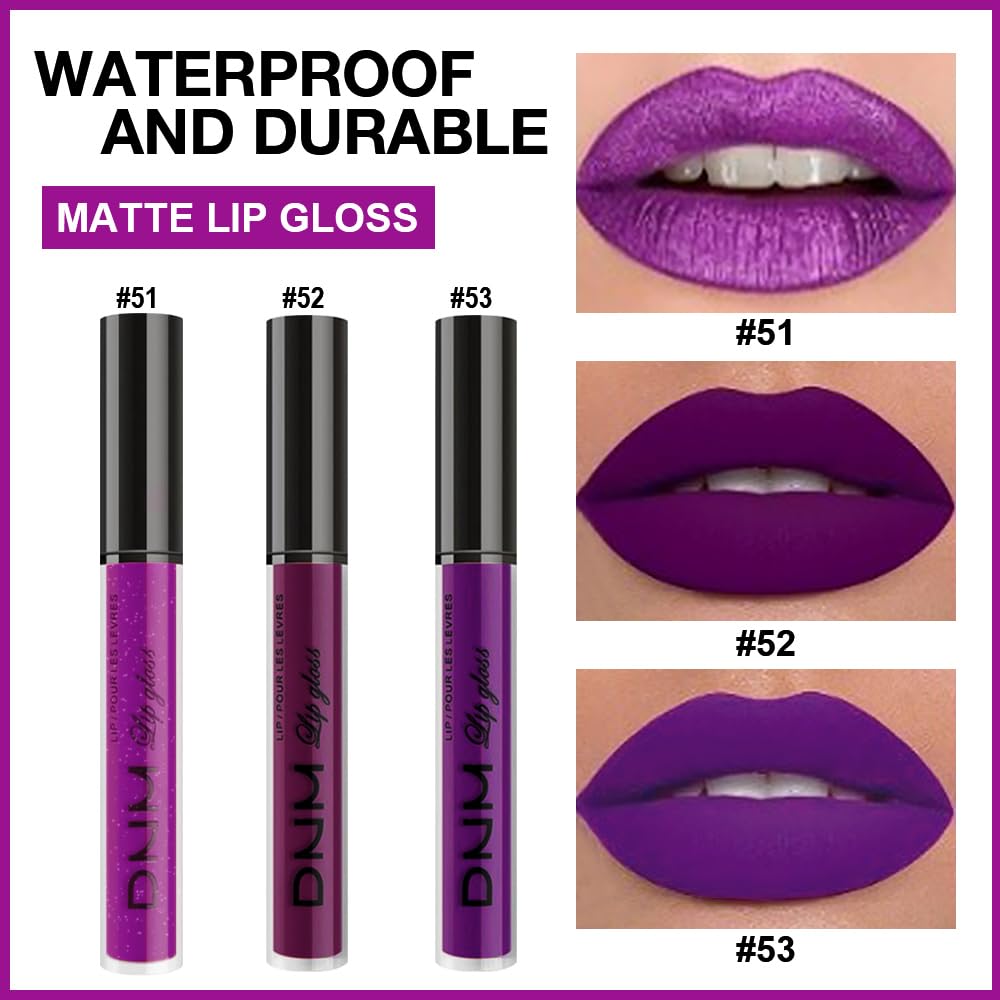 evpct 3Pcs Violet Purple Crystal Metallic Shimmer Glitter Matte Liquid Lipstick Lip Stain Sets for Women Matte+Lipstick Long Lasting Waterproof Permanent 24 Hours Magic Lipstick 24 Hours original - Image 2