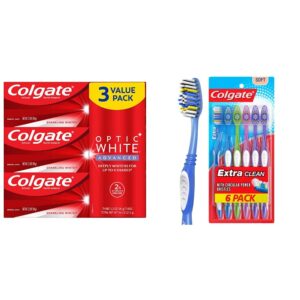 Colgate Optic White Advanced Teeth Whitening Toothpaste (3 Pack) and Colgate Extra Clean Toothbrushes (6 Count)
