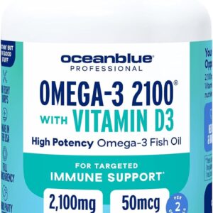 Oceanblue Professional Omega-3 2100 with Vitamin D3 – 60 ct – Triple Strength Burpless Fish Oil Supplement with High-Potency EPA, DHA, DPA and Vitamin D3 – Wild-Caught – Orange Flavor (30 Servings)