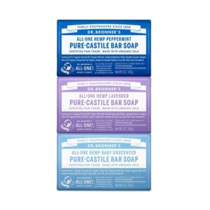 Dr. Bronner's Pure-Castile Bar Soap- Made with Regenerative Organic Oils- For Face, Body, Hair & More- Vegan, All Natural Soap Bar for Men & Women- Variety 3-Pack, Peppermint Lavender, Unscented