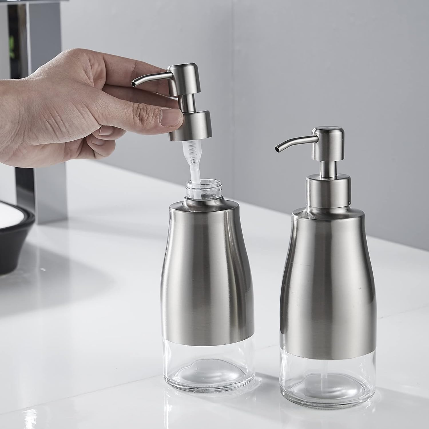 2 Pack Brushed Nickel Refillable Soap Dispenser Set with Coaster and Stickers for Kitchen Bathroom - Image 7