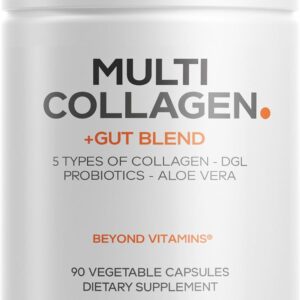 Codeage Multi Collagen + Gut Blend Supplement - Digestive Probiotics, DGL Licorice, Aloe Vera, Organic Peppermint Leaf, Slippery Elm - Hydrolyzed Bovine Collagen Pills - Non-GMO - 90 Capsules