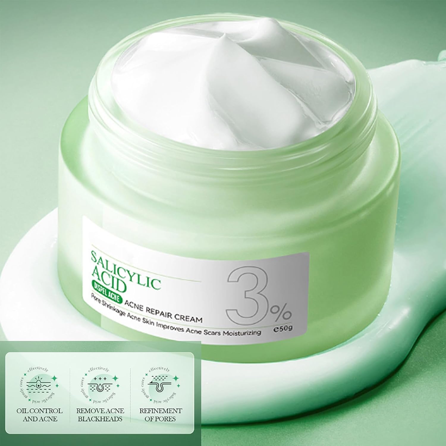 Salicylic Acid Repair Cream,Salicylic Acid Face Moisturizer,Pore Shrinkage Acne Skin Improves Acine Scars Motsturizing,Suitable for Oily, Acne Prone Skin 50g - Image 2