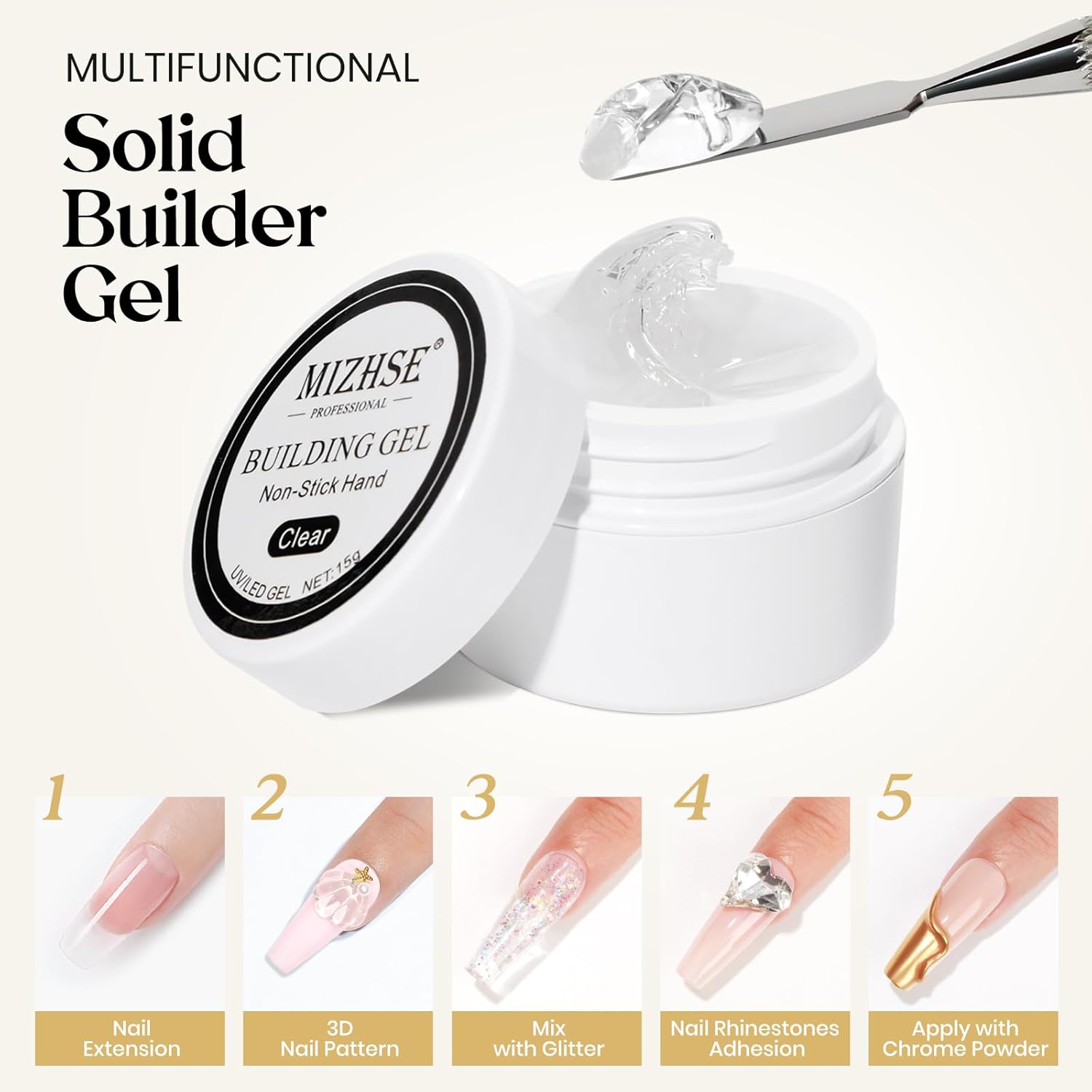 MIZHSE Solid Builder Gel for Nails, Clear Non-Sticky Sculpting Gel, 3D Nail Art Carving Building Modeling Hard Nail Extension Soak Off UV/LED Nail Art Salon Home DIY 15g - Image 2