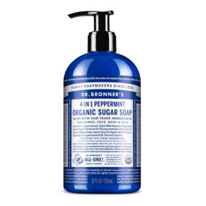 Dr. Bronner's - Organic Sugar Soap (Peppermint, 12 oz) - Made with Organic Oils, Sugar & Shikakai Powder, 4-in-1 Uses: Hands, Body, Face & Hair, Cleanses, Moisturizes & Nourishes, Vegan, Non-GMO
